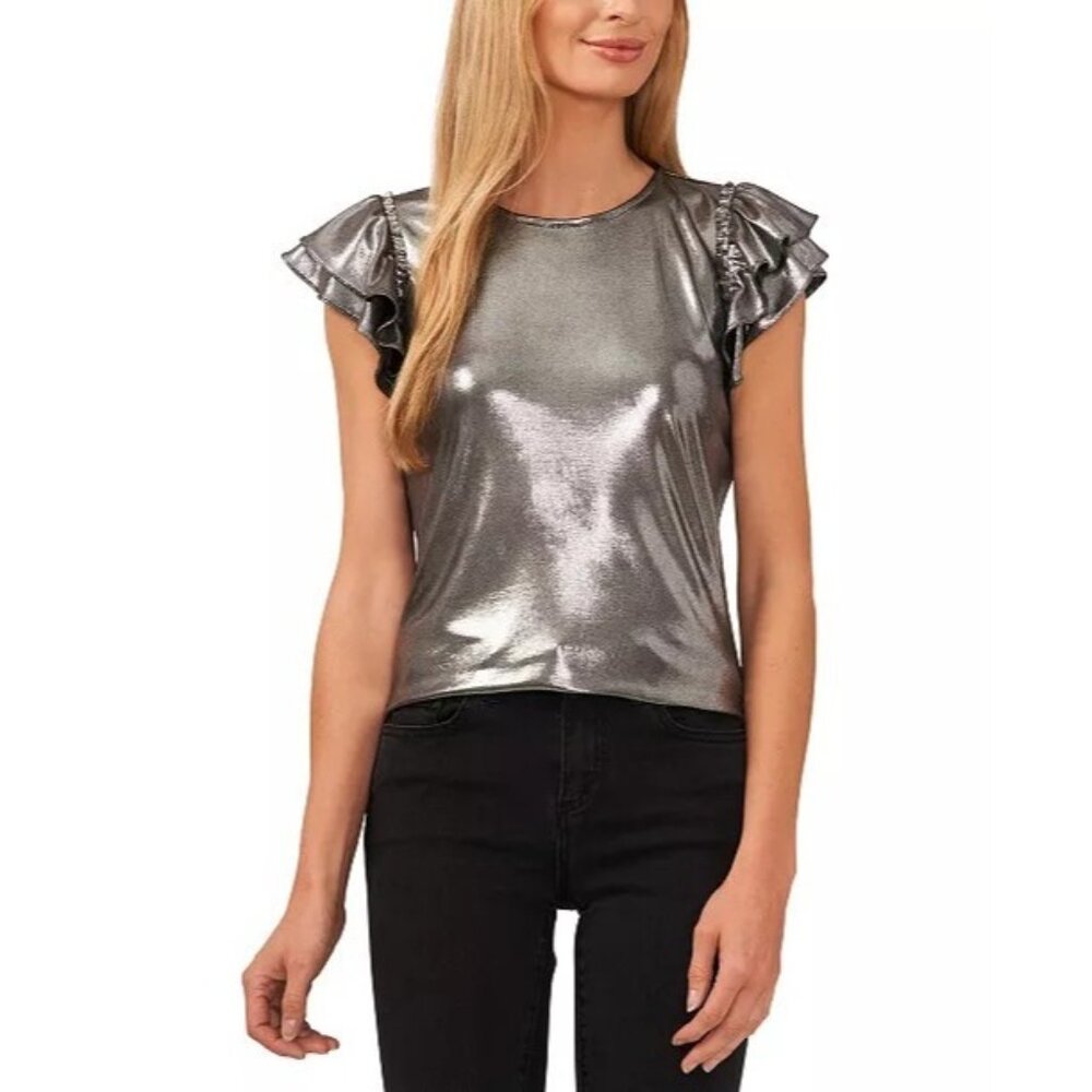CeCe Womens Size XS Shine Metallic Foiled Top Flutter Sleeves NEW